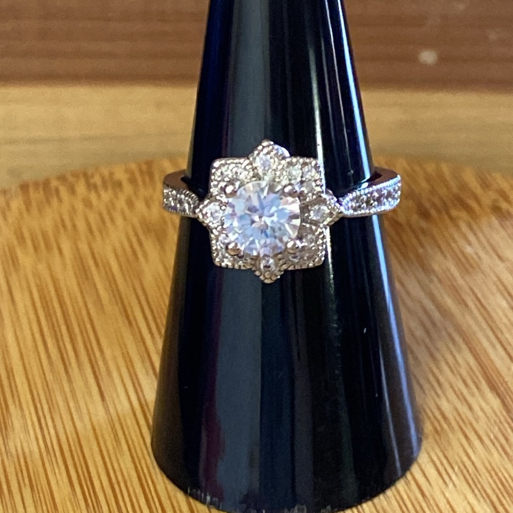 Sterling Flower shaped lab diamond ring